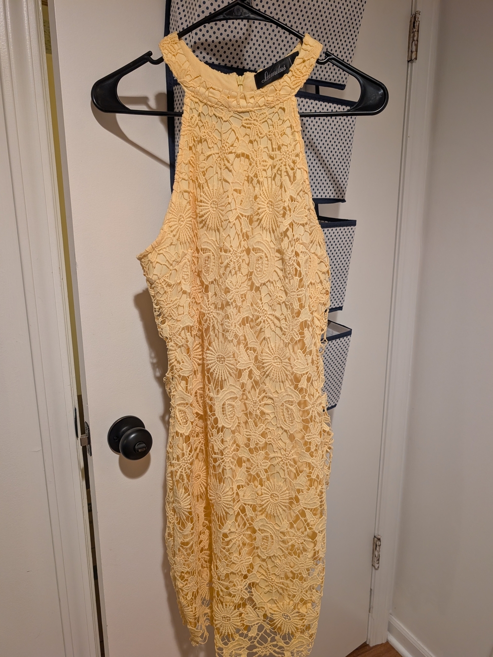 Lulu's Pale Yellow One-Shoulder Lace Midi Dress